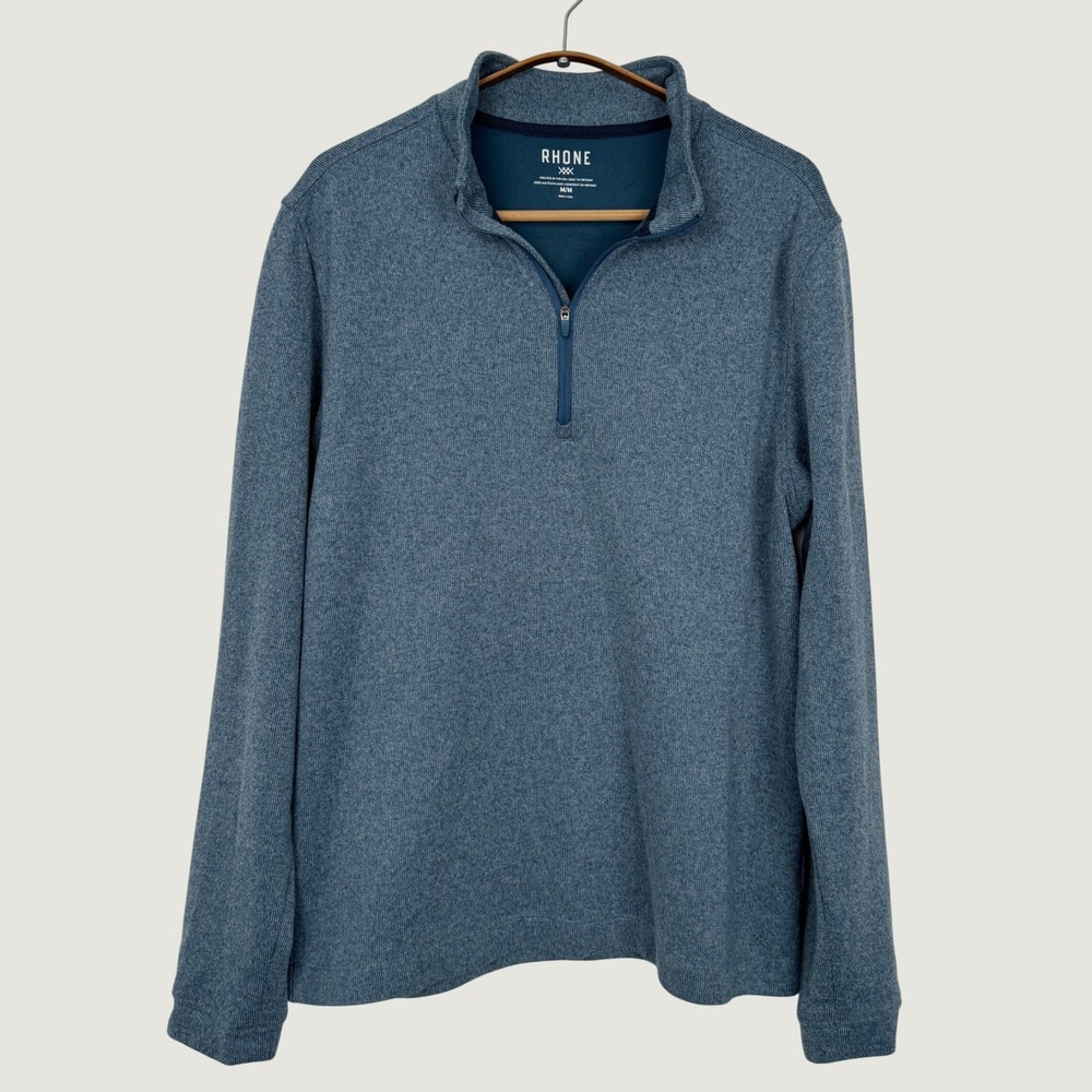 Rhone Mens Quarter Zip Pullover Heather Blue Textured Knit 100474 Size Medium
